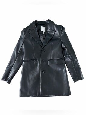 Avec Les Filled Black Faux Leather Mid-Thigh Blazer Jacket Medium